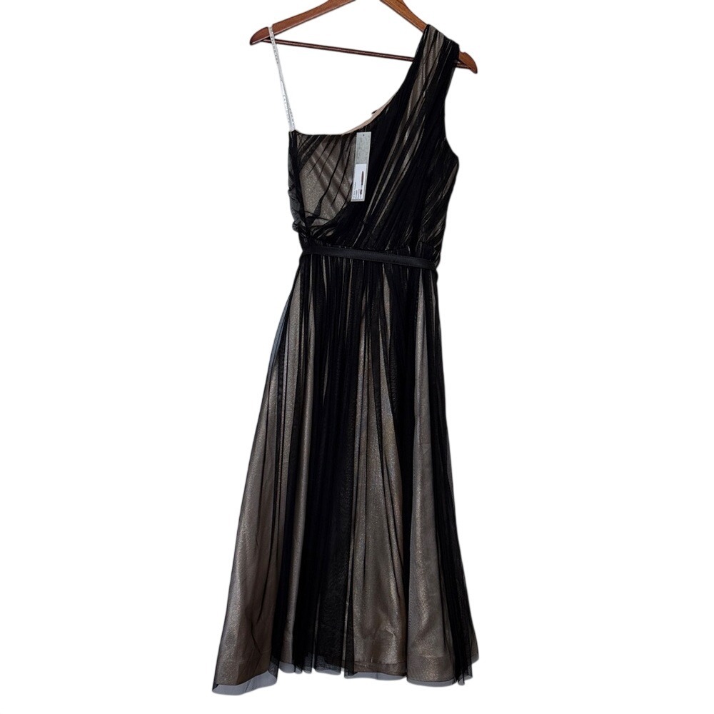 Kay Unger One Shoulder Tulle Midi Dress Black Gold Metallic Formal Cocktail Sz 6 - Picture 4 of 6